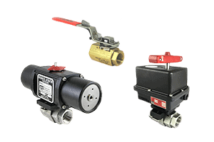 Collection of actuator valve assemblies including a brass ball valve with a red handle, a black pneumatic actuator valve with model specifications, and a square black pneumatic actuator valve with a red handle, each connected to metal piping.
