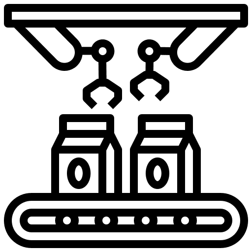 icon of product on factory line with robot arms reaching down for them